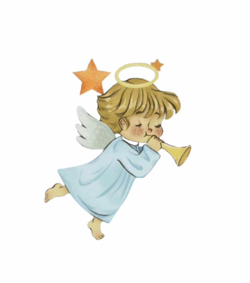A small angel in a pale blue robe playing a trumpet